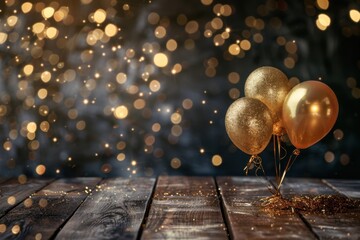 Fototapeta premium Shimmering golden balloons, rustic wooden table, festive sparkles, bokeh Christmas theme, copy space for text