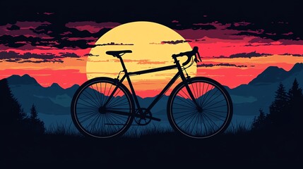 Fototapeta premium Silhouette of a bicycle against a vibrant sunset background, with mountains and clouds creating a serene scene.