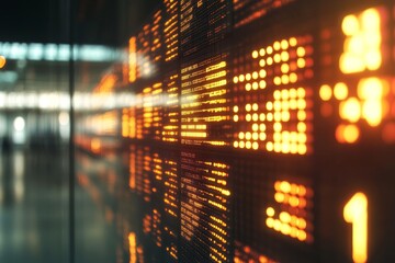 Naklejka premium A close-up shot of a digital display showing currency exchange rates. The screen is a matrix of glowing orange lights, conveying a sense of dynamic financial data, international trade, global markets,