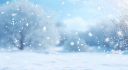 A serene winter landscape with falling snowflakes and frosted trees.