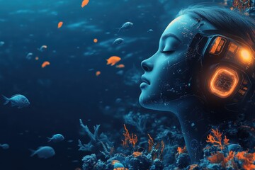 A serene underwater scene with a girl immersed in a futuristic world filled with vibrant fish