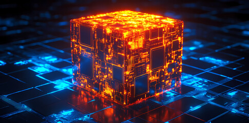 Digital Cube: A glowing, intricate digital cube floats within a blue circuit board, representing the core of technology and data.