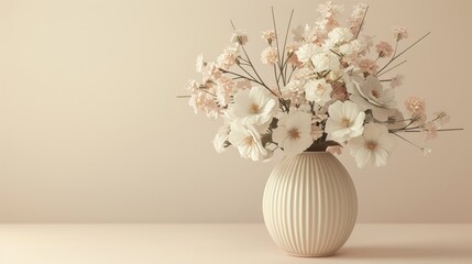 Detailed 3D render of a classic vase with flowers, with soft pastel tones on a light background, ideal for home decor visuals