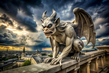 Fototapeta premium A dramatic gargoyle perches on a ledge against a stormy sky, capturing a sense of mystery and the gothic architecture of the surrounding cityscape.