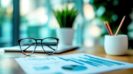 Business chart and graph eyeglasses small green plant pencil on the table