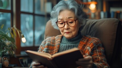 An elderly woman with glasses sits comfortably in an armchair, deeply focused on a book in her hands. The warm lighting and bookshelves create a cozy atmosphere.