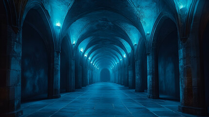 Obraz premium A dimly lit corridor with arches, creating an eerie, atmospheric perspective in cool blue tones.