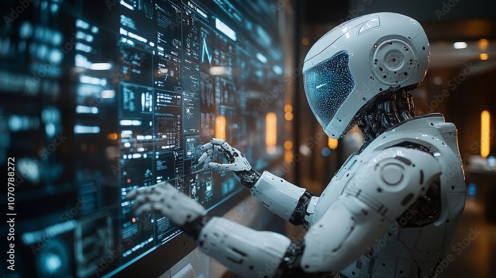 Poster futuristic workspace with advanced ai interacting through interactive displays and technology