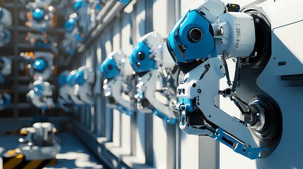 Fototapeta premium Blue and White Robotic Arms in a Clean, Modern Factory Environment: Precision and Innovation in 3D Rendering