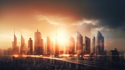 Fototapeta premium Futuristic Cityscape with Sunset and High-Rise Buildings