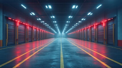 Fototapeta premium Modern Warehouse with Cool Lighting and Shelves