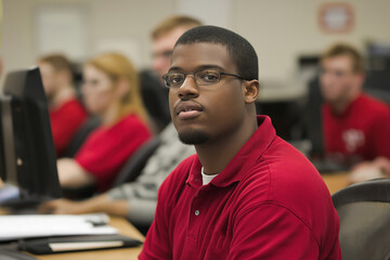 Student engaged in learning during a classroom session in a computer lab