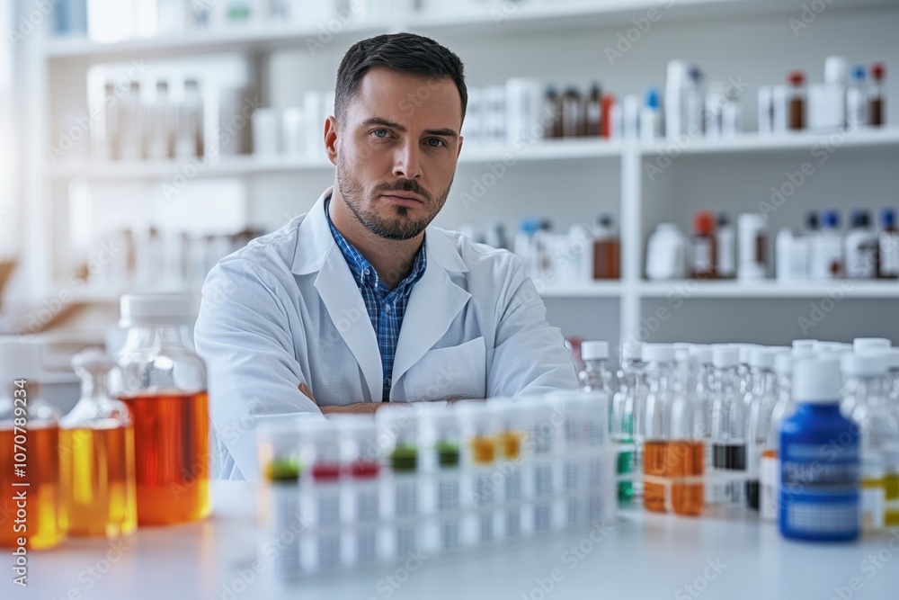 Poster scientist analyzing chemical samples in a laboratory with various colored liquids on display