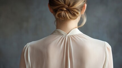 A woman's back in an elegant sheer blouse with a delicate bun, symbolizing grace, femininity, fashion, beauty, and confidence.