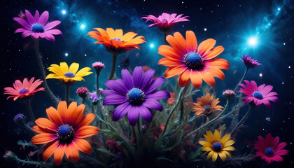 Fototapeta premium Vibrantly colored flowers set against a deep, galactic sky, creating a surreal, cosmic landscape.