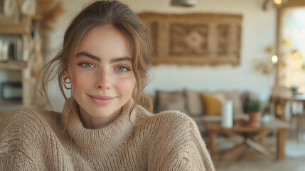 Cozy home vibes: woman relaxing in warm sweater with stylish interior background