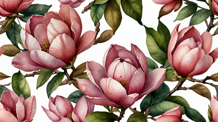 Pink Magnolia Flowers with Lush Green Leaves in Soft Watercolor Botanical Illustration.