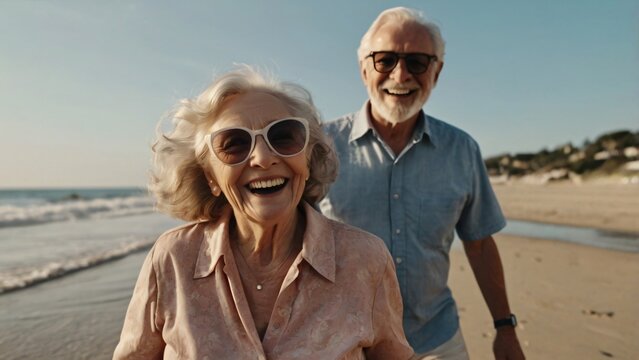 Senior couple having fun at the beach - Powered by Adobe