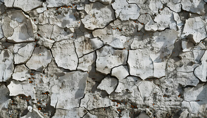 Fototapeta premium Close-up of a weathered wall featuring intricate patterns of peeling white paint and cracked surface.