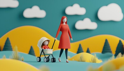 Obraz premium A vibrant, playful scene featuring a woman walking with a child in a stroller on a colorful landscape with mountains and clouds.