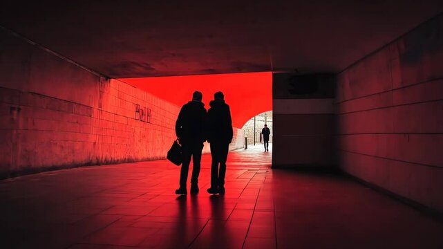 Two people walk through a red-lit underpass