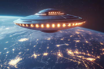 Unidentified Aerial Phenomenon Over Earth: An artist's rendition of a sleek, illuminated unidentified flying object hovering majestically over the vibrant, illuminated Earth.