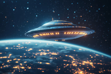 Obraz premium UFO's Galactic Journey: An otherworldly spacecraft glides gracefully through the cosmic expanse, illuminating the world below with an air of mystery and futurism. Capturing an awe-inspiring view.