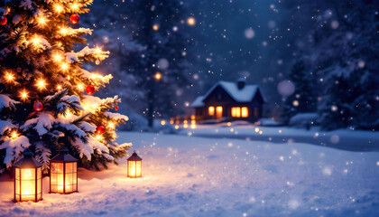 Obraz premium A serene night scene with snow gently falling, a warm glow emanating from distant lights, and a peaceful, tranquil atmosphere under a starry sky.