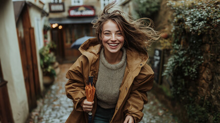 Fototapeta premium Joyful woman walking outdoors with windblown hair and umbrella on rainy day
