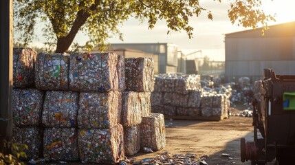 Bales of aluminum cans in organized recycling yard, a step toward sustainable practices.