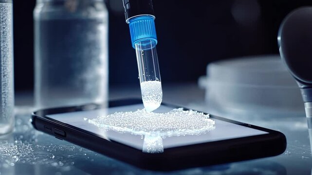 A pipette is used to drop liquid onto a smartphone screen, demonstrating a new type of technology