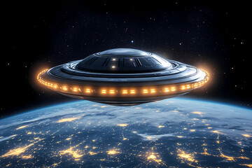 UFO Above Earth: A captivating depiction of a classic flying saucer hovering majestically above planet Earth. Illuminated with glowing lights.