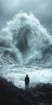 A solitary silhouette stands before an enormous wave, framed by the cold and dynamic ocean. The swirling blue and gray tones evoke a deep sense of loneliness and fear as the figure faces the vast, unt