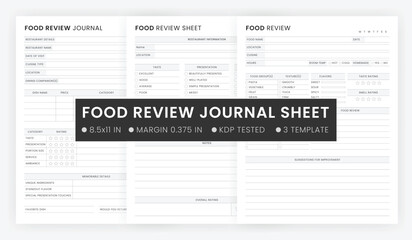 Printable Food Review Journal Template, Places to Eat, Food Tasting Record Sheet, Favourite Foods, Meal eating record notebook