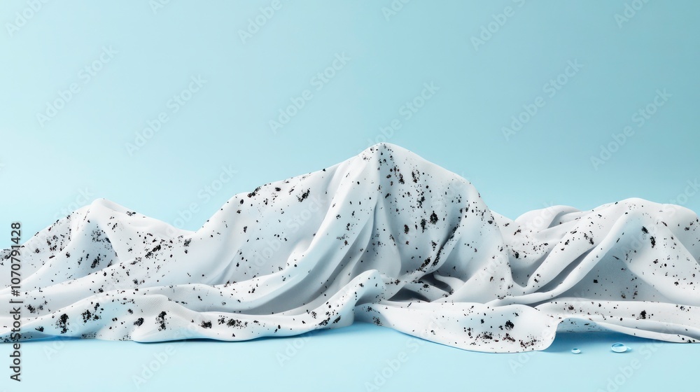 Poster white fabric draped in a wave-like shape with black spots on a blue background.
