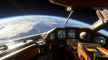 Sleek Spaceship Cockpit with Ultra-Realistic Detailing and a Stunning Earth View Through the Front Window