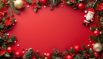 3D Santa Claus Christmas Frame Red Background. Xmas and New Year Holiday Banner Postcard Copy Space