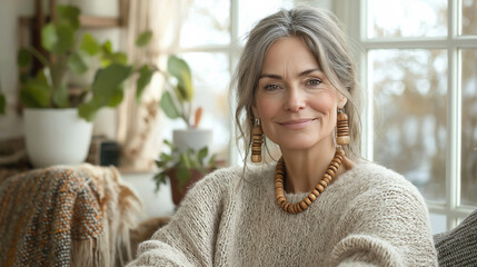 Elegant mature woman relaxing in cozy home with warm natural light and indoor plants