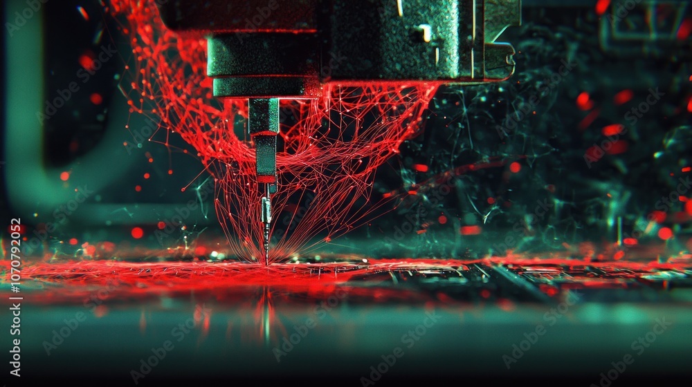 Poster A Close-Up of a Drill Bit Creating Red Sparks on a Dark Surface