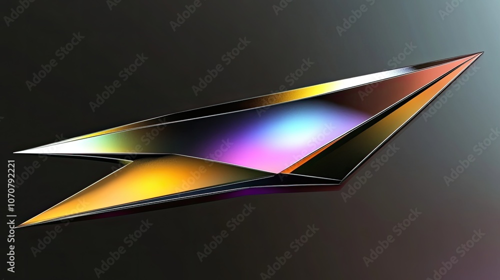 Poster stylized prism shapes with a colorful metallic sheen and dark gradient background, creating a vibran