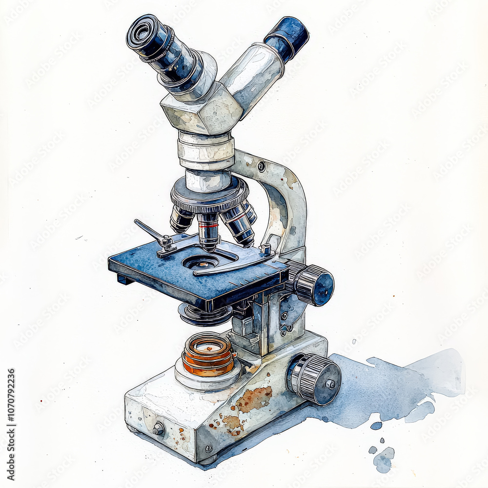 Poster close up of a microscope with a white background. the microscope is the main focus of the image, and