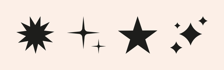 Set of burst sparkle, star, sun shape. Abstract explosion, glowing and blinking effects for festive party design. Twinkle glitter and flash graphic elements. Isolated vector illustrations.