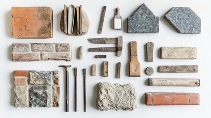 Brick and mortar tools arranged on a white surface, essential tools for a professional bricklayer.