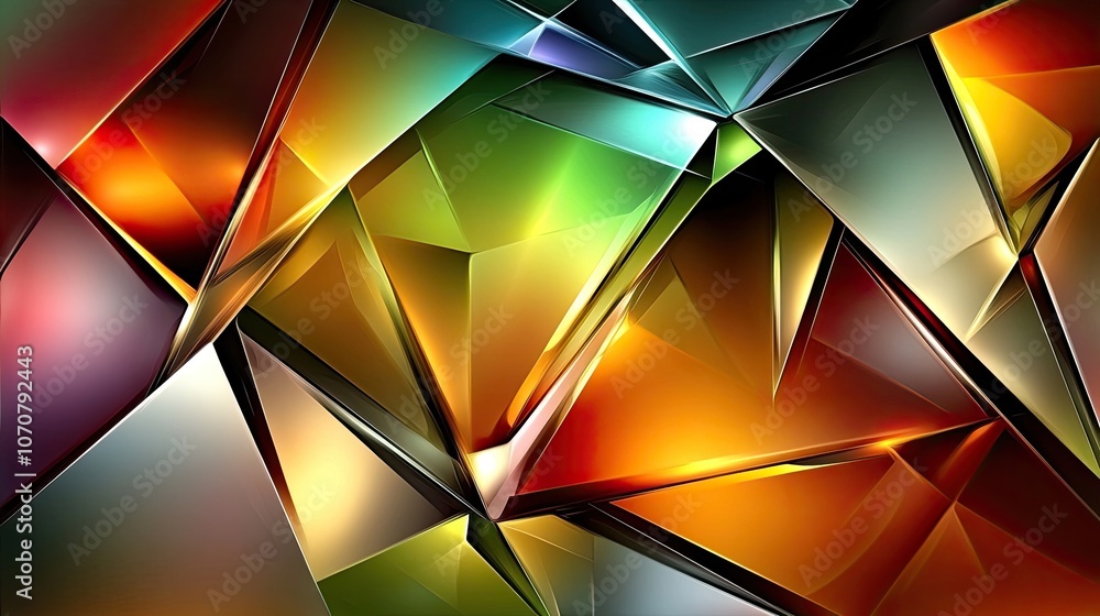 Poster stylized prism shapes with a colorful metallic sheen and dark gradient background, creating a vibran