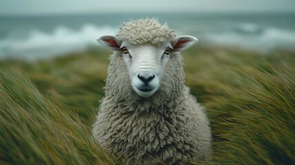 Fototapeta premium A white sheep with bright orange eyes stares into the camera, standing in a field of tall green grass with a blurry ocean in the background.