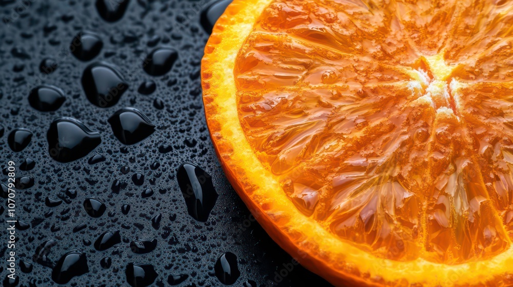 Poster A close-up of a sliced orange on a wet surface, highlighting texture and color.