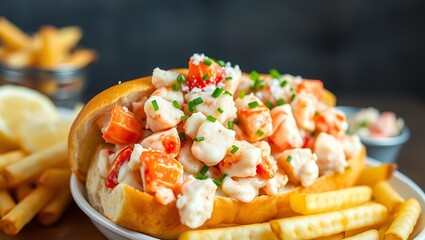 A delicious freshly made lobster roll with lobster, lemon, celery, and mayonnaise.