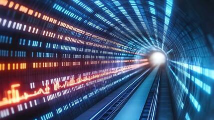 Futuristic view inside a tunnel with vibrant light streaks and a bright exit ahead, creating a sense of speed.