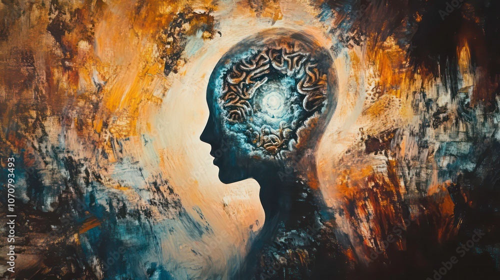 Poster A surreal silhouette of a head with intricate patterns, symbolizing thought and consciousness.