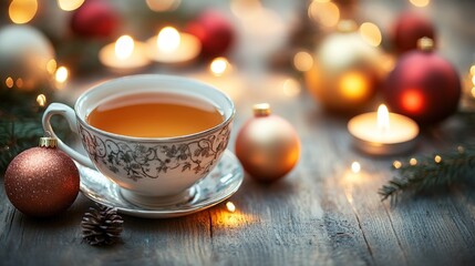 Fototapeta premium Cozy tea cup amidst holiday decor and warm lights
